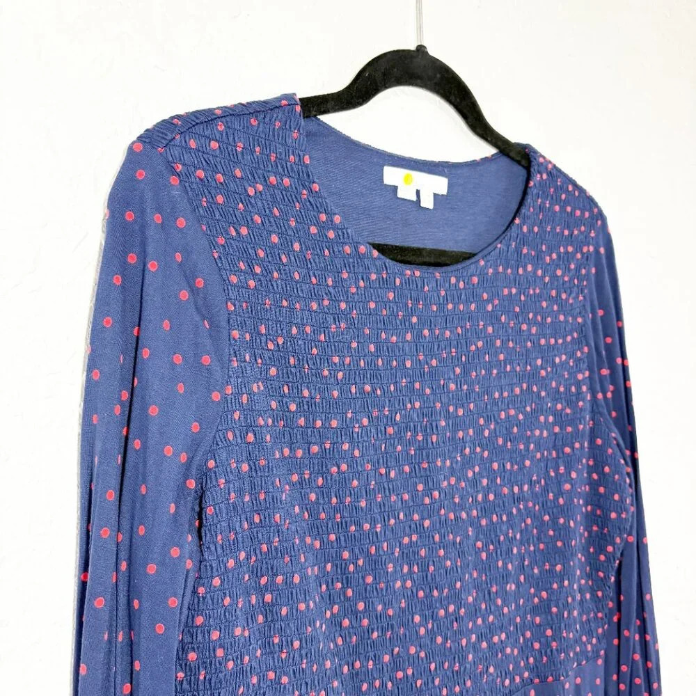 Boden Navy & Red Polka Dot Smocked Long Sleeve Jersey Knit Dress Women's US 14L - Picture 6 of 9